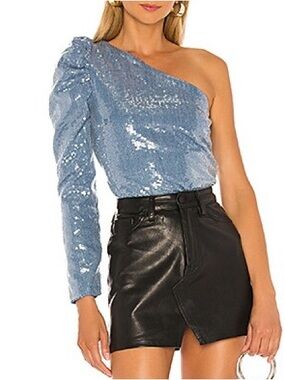 Lovers + Friends One-Shoulder Sequin Shaline Top in Light Blue